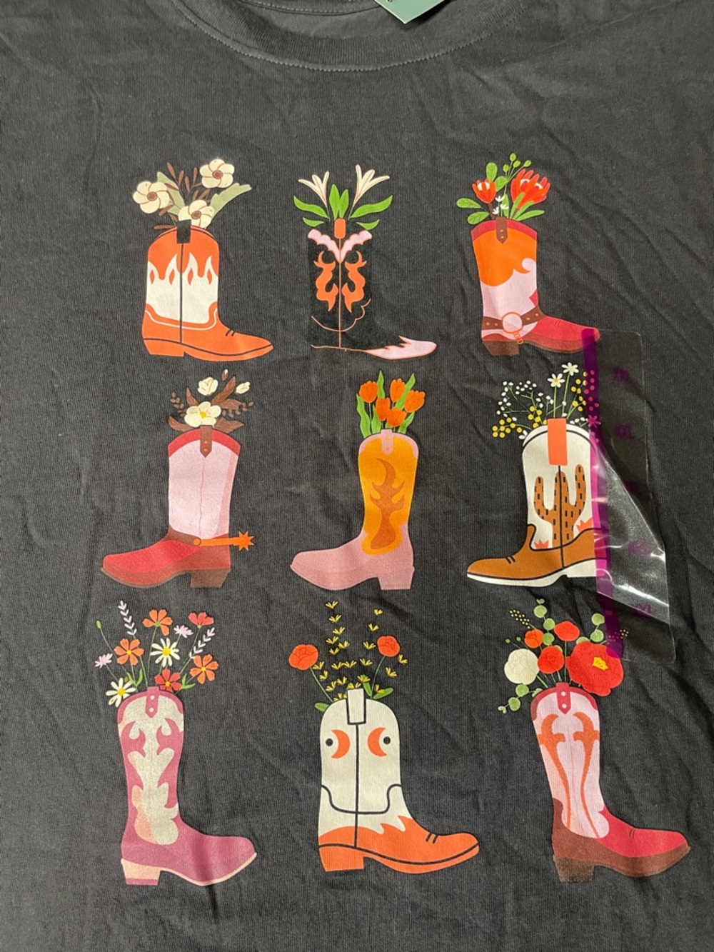 Doe. Woman’s Western Black Tee with Colorful Floral Cowboy Boots Graphic Plus 2X - Picture 2 of 3